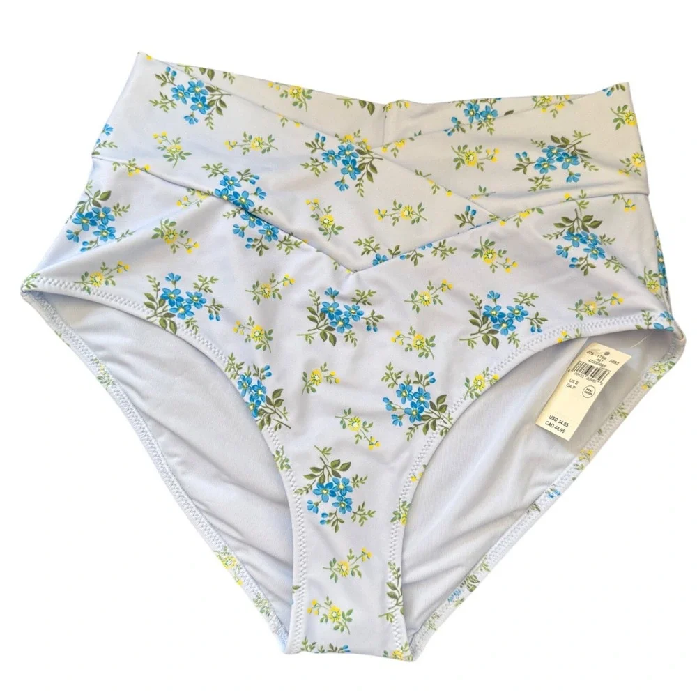 Aerie Real Good High Waisted Crossover‎ Bikini Bottom Blue Floral Small nwt